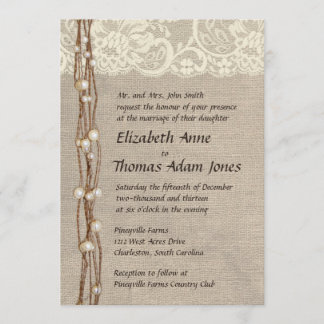 Rustic Burlap Lace Pearls Wedding Invitation Kaart