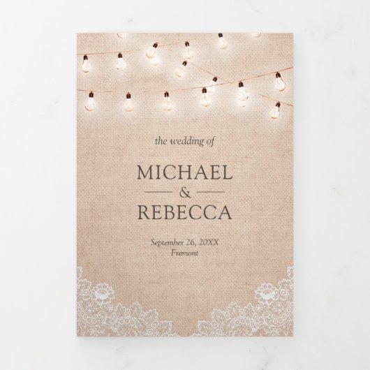 Rustic Burlap Lace String Lights Drieluik Uitnodiging (Cover)
