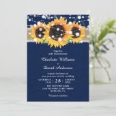 Rustic Burlap Lace Sunflower Navy Blue Wedding Kaart (Staand voorkant)