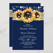 Rustic Burlap Lace Sunflower Navy Blue Wedding Kaart (Voorkant / Achterkant)