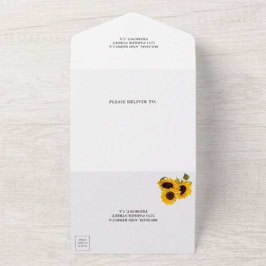 Rustic Burlap Lace Sunflower Wedding All In One Uitnodiging (Buitenkant)