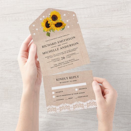 Rustic Burlap Lace Sunflower Wedding All In One Uitnodiging (Afscheurbaar)