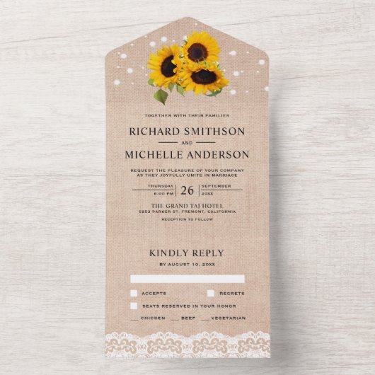 Rustic Burlap Lace Sunflower Wedding All In One Uitnodiging (Binnen)