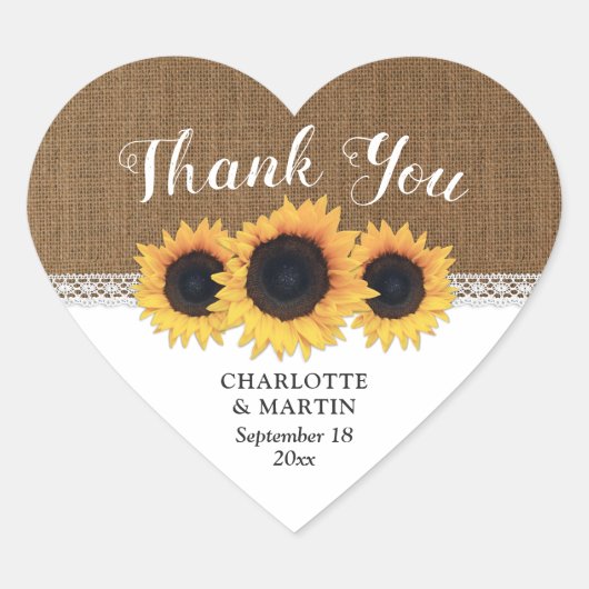 Rustic Burlap Lace Sunflower Wedding Dank je Hart Sticker (Voorkant)