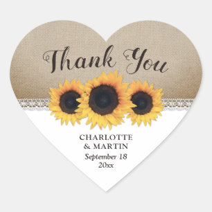 Rustic Burlap Lace Sunflower Wedding Dank je Hart Sticker
