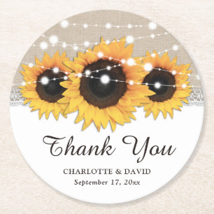 Rustic Burlap Lace Sunflower Wedding Dank je Ronde Kartonnen Onderzetter