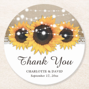 Rustic Burlap Lace Sunflower Wedding Ronde Kartonnen Onderzetter