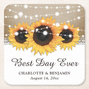 Rustic Burlap Lace Sunflower Wedding Vierkante Kartonnen Onderzetter