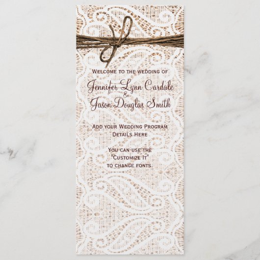 Rustic Burlap Lace Twine Country Wedding Programme Programma (Voorkant)