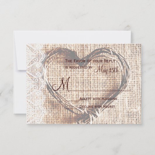 Rustic Burlap Lace Twine Heart Wedding RSVP Card (Voorkant)