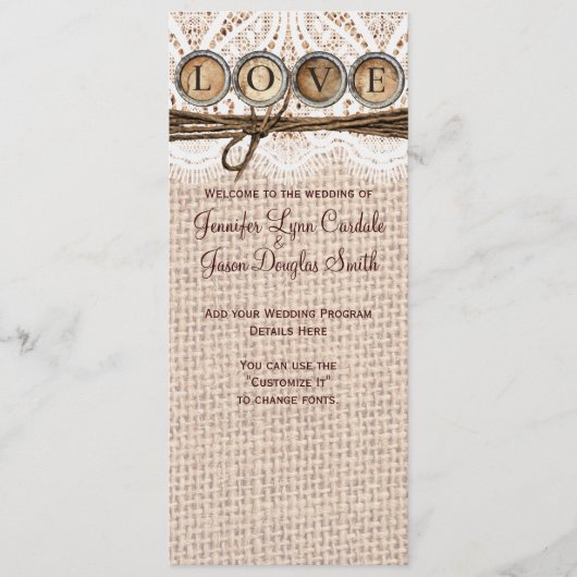 Rustic Burlap Lace Twine LOVE Wedding Programme (Devant)