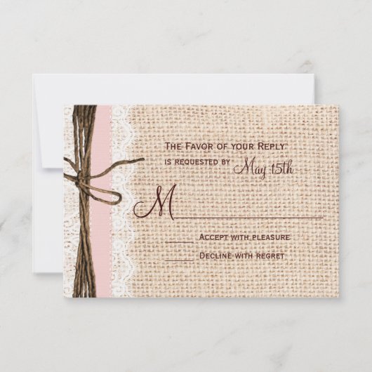 Rustic Burlap Lace Twine Pink Ribbon Wedding RSVP (Voorkant)
