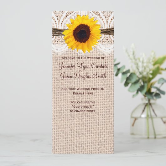Rustic Burlap Lace Twine Programme de mariage de t (Debout devant)