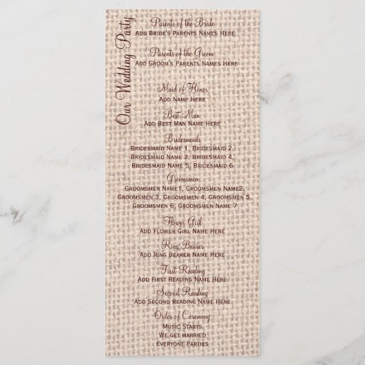 Rustic Burlap Lace Twine Sunflower Wedding Program Programma (Achterkant)