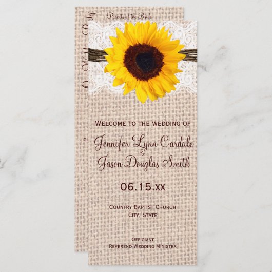 Rustic Burlap Lace Twine Sunflower Wedding Program Programma (Voorkant / Achterkant)