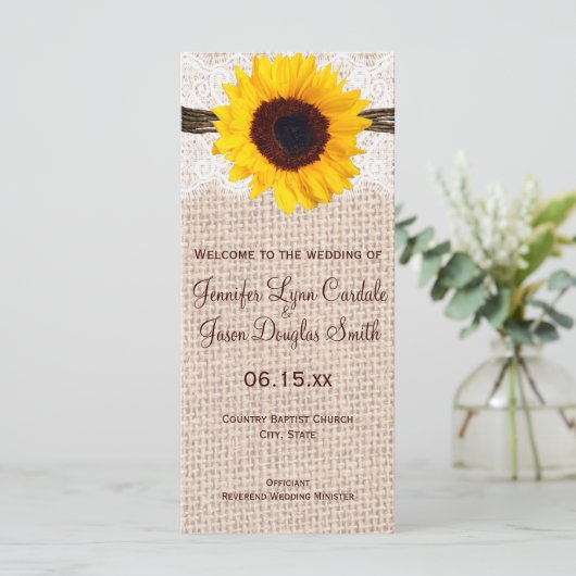 Rustic Burlap Lace Twine Sunflower Wedding Program Programma (Staand voorkant)