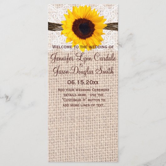 Rustic Burlap Lace Twine Sunflower Wedding Program Programma (Voorkant)
