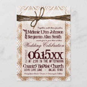Rustic Burlap Lace Typography Wedding Invitations Kaart
