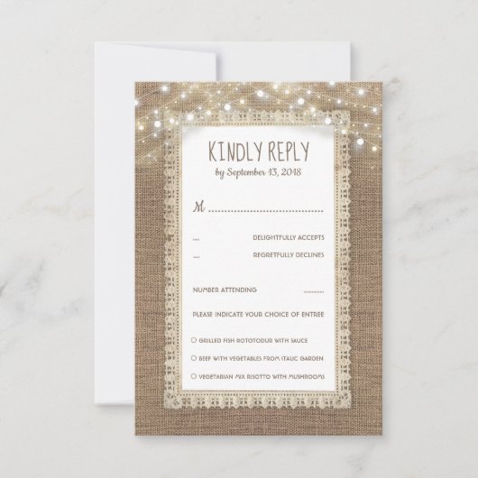 Rustic Burlap Lace Wedding RSVP Kaartje (Voorkant)