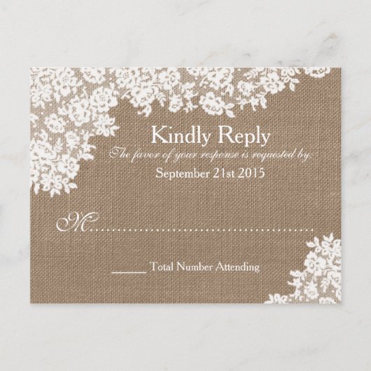 Rustic Burlap &  Lace Wedding RSVP Uitnodiging Briefkaart (Voorkant)