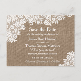 Rustic Burlap &  Lace Wedding Save the Date Aankondigingskaart