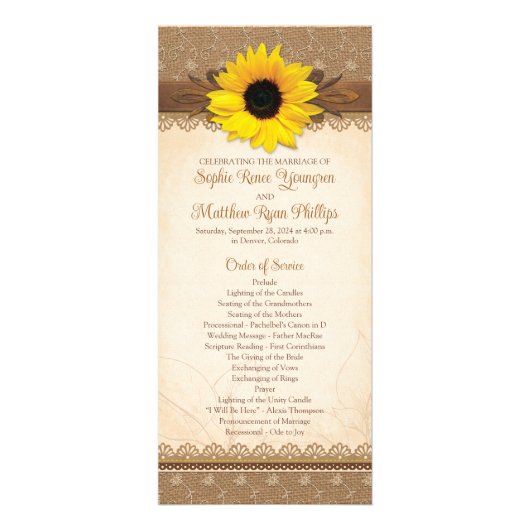 Rustic Burlap Lace Wood Sunflower Programme de mar (Devant)
