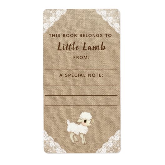 Rustic Burlap Lamb Baby shower Book Bord Etiket (Voorkant)