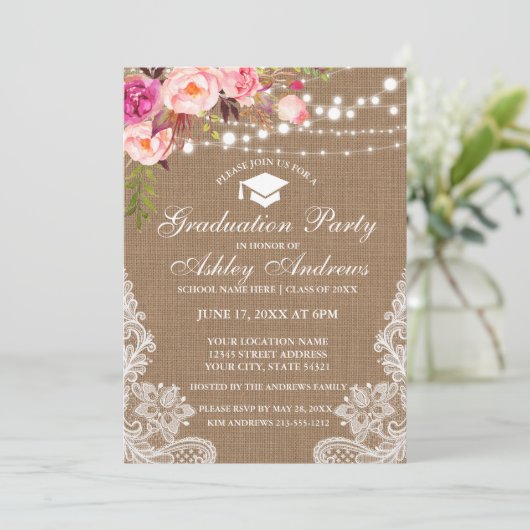 Rustic Burlap Licht Roze Afstuderen uitnodigen Kaart (Staand voorkant)