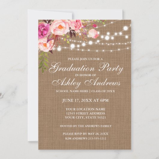 Rustic Burlap Licht Roze GraduPartij nodigt uit Kaart (Voorkant)