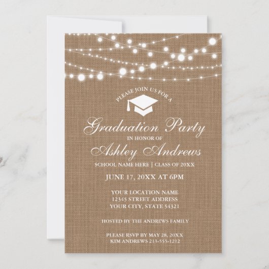Rustic Burlap Lights Graduation Party Invitation W (Devant)