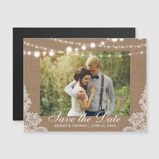 Rustic Burlap Lights Save the Date Verloving Magnetische Uitnodiging (Voorkant / Achterkant)