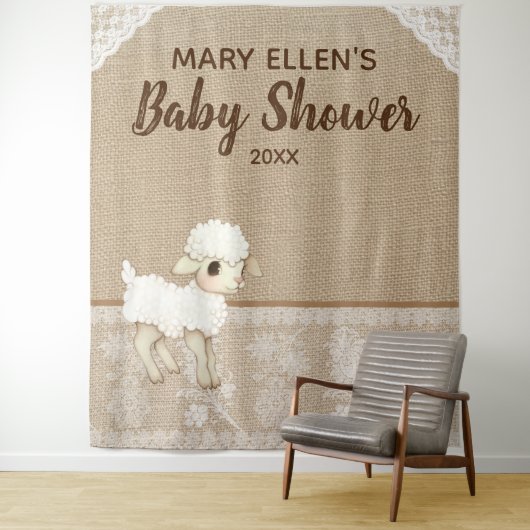 Rustic Burlap Little Lamb Baby shower Backdrop Wandkleed (In situ)