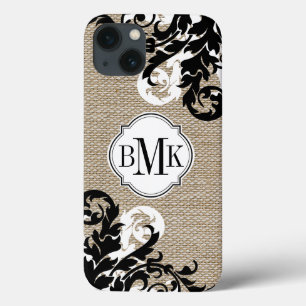 Rustic Burlap look en Flourish Monogram iPhone 13 Hoesje