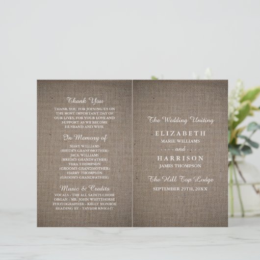 Rustic Burlap Mariage Bi-fold Modèle du programme (Debout devant)