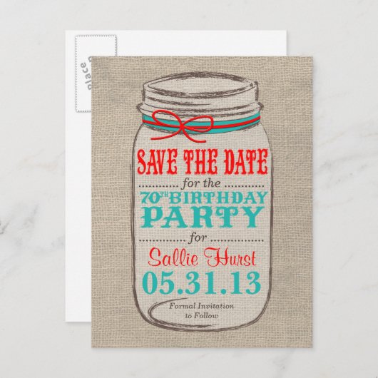 Rustic Burlap & Mason Jar 70e Invitation d'anniver (Devant / Derrière)