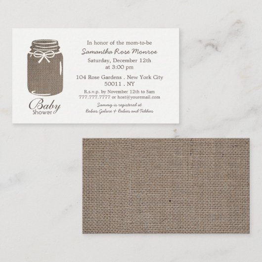 Rustic Burlap, Mason Jar Baby shower Ticket Invite Informatiekaartje (Voorkant / Achterkant)