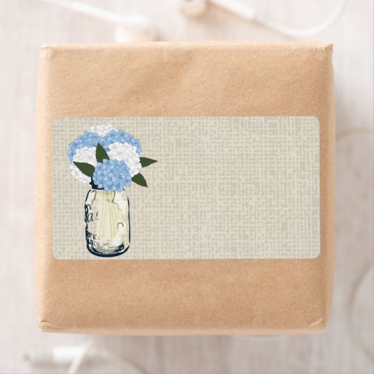 Rustic Burlap Mason Jar Blue Hydrangeas Etiket (Insitu)