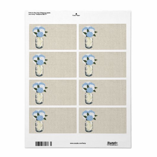 Rustic Burlap Mason Jar Blue Hydrangeas Etiket (Full Sheet)