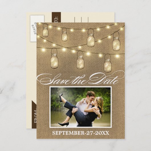 Rustic Burlap Mason Jar Enregistrer la date Cartes (Devant / Derrière)