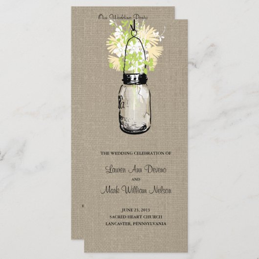 Rustic Burlap Mason Jar et le programme Fleur sauv (Devant / Derrière)