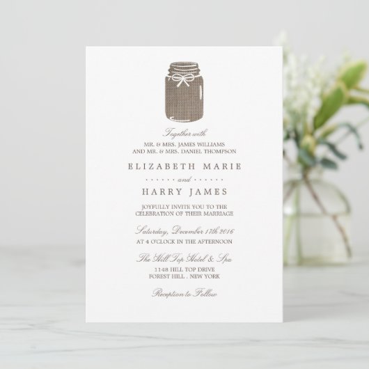Rustic Burlap Mason Jar Wedding Kaart (Staand voorkant)