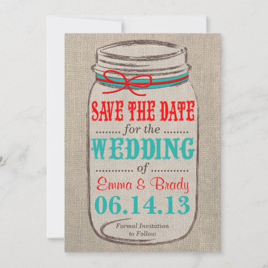 Rustic Burlap & Mason Jar Wedding Save the Date (Voorkant)