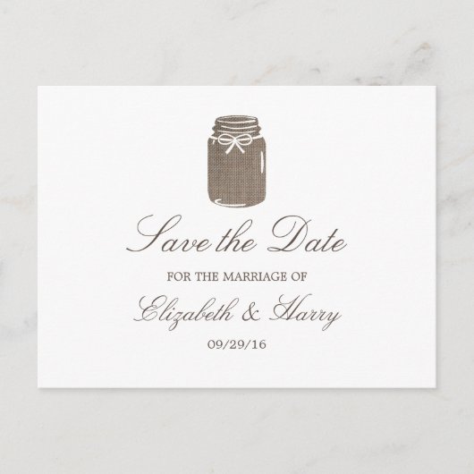 Rustic Burlap Mason Jar Wedding Save the Date Aankondigingskaart (Voorkant)