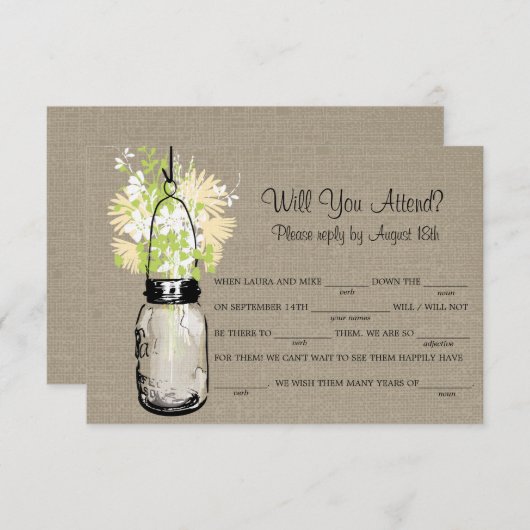 Rustic Burlap Mason Jar Wildbloemen LIB RSVP (Voorkant / Achterkant)