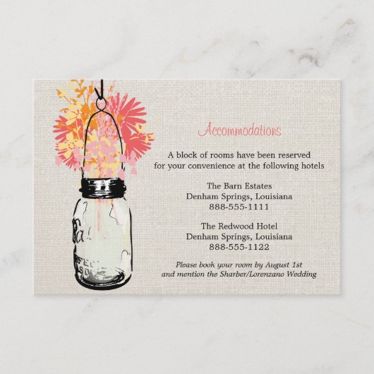 Rustic Burlap Mason Jar Wildflower Accommodatie Informatiekaartje (Voorkant)