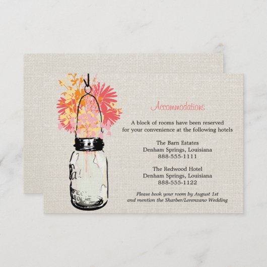 Rustic Burlap Mason Jar Wildflower Accommodatie Informatiekaartje (Voorkant / Achterkant)
