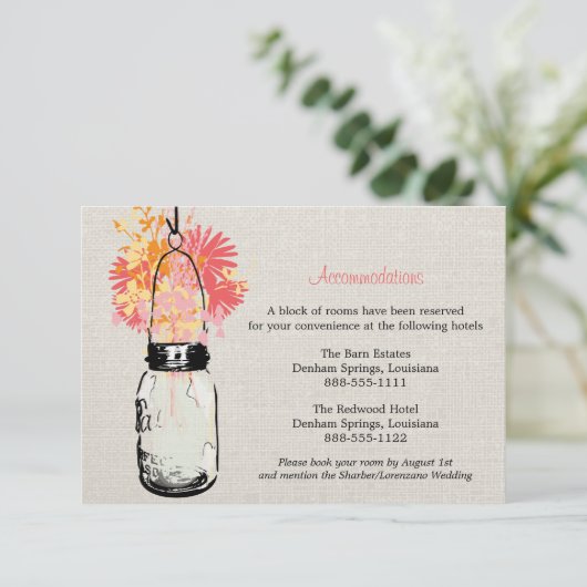 Rustic Burlap Mason Jar Wildflower Accommodatie Informatiekaartje (Staand voorkant)