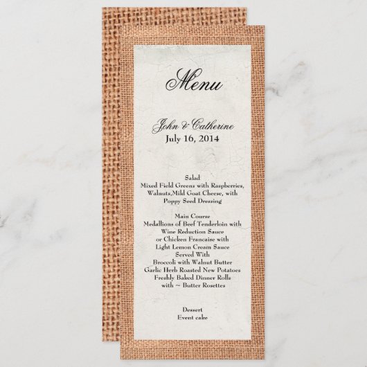 Rustic Burlap Menu de mariage personnalisé (Devant / Derrière)