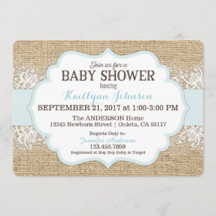 Rustic Burlap Modern Lace Blue Boy Baby shower Kaart