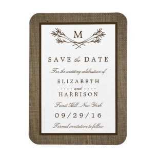 Rustic Burlap Monogram Branch Save the Date Magneet